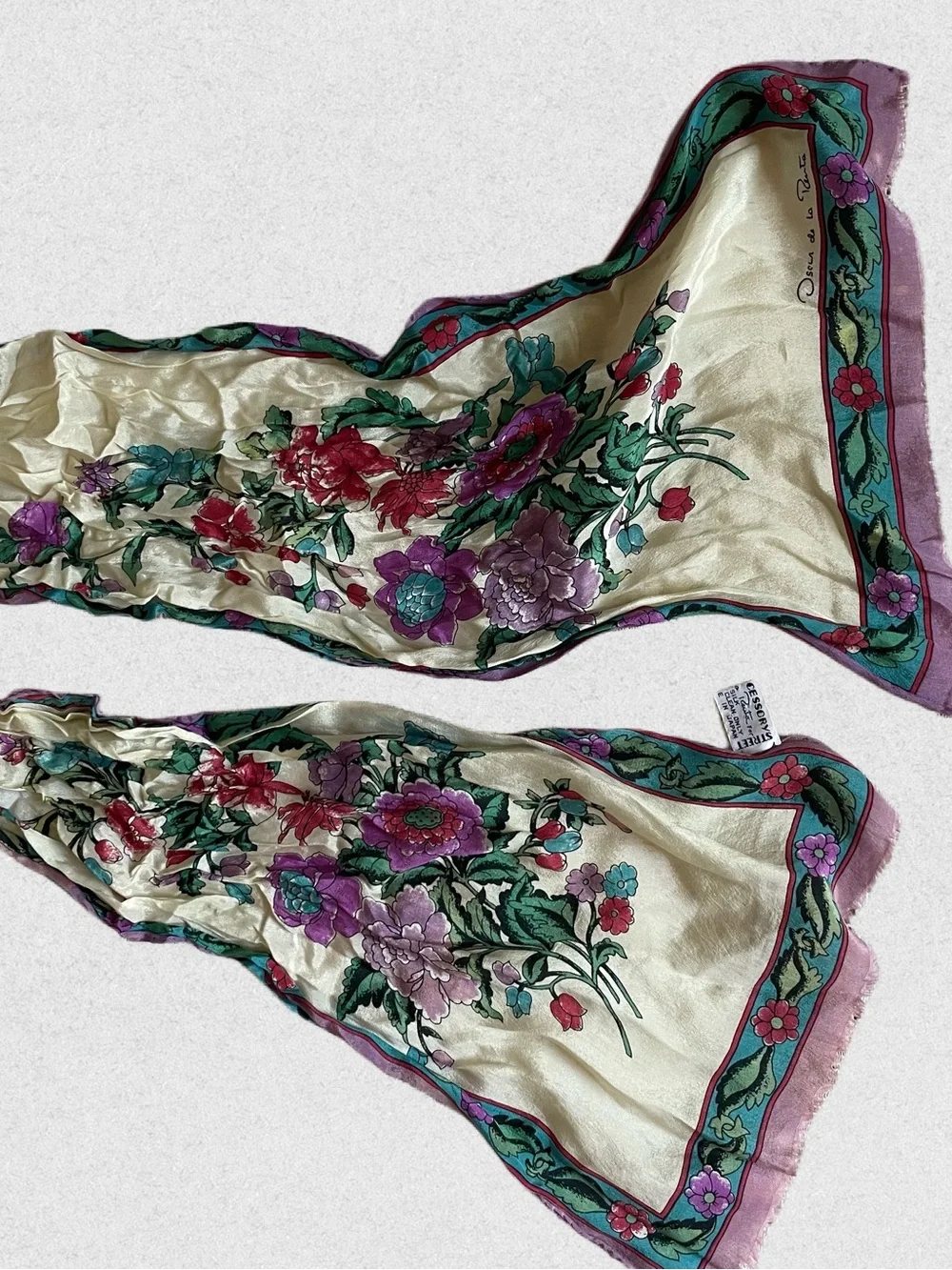 Vintage Oscar de la Renta Silk Cream, Purple, Teal Floral Silk Scarf